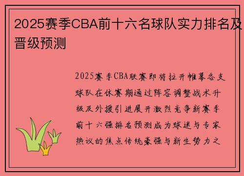 2025赛季CBA前十六名球队实力排名及晋级预测