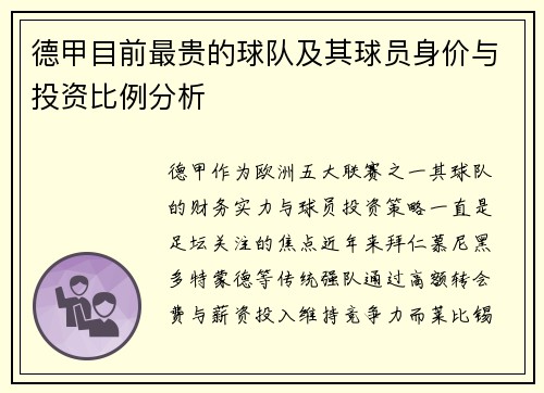 德甲目前最贵的球队及其球员身价与投资比例分析